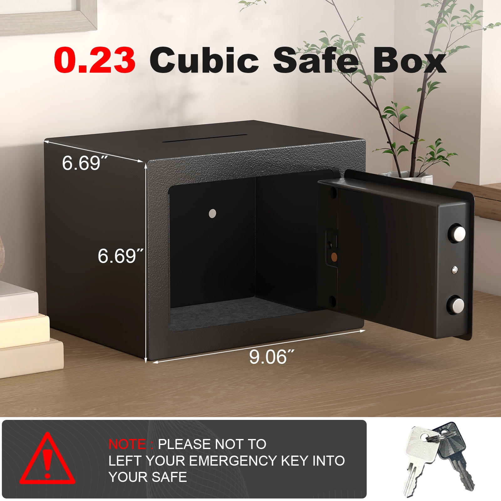 Marcree Small Safe, 0.23 Cubic Lock Box for Keys with Code, Steel Safe with Key, Digital Security Safe, Number Keypad Safe for Money, Jewelry, Wall Safe for Home, Hotel or Business, Black