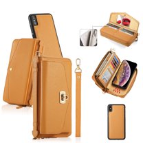 ELEHOLD Wallet Phone Bag with Case for iPhone XR Large Capacity Multi-Functional Case with Card Holders Zipper Purse Wriststrap Crossbody Shoulder Strap Handbag Case for Women Girls,orange