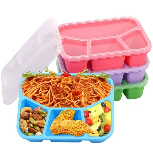 4pcs Kids Snack Containers with Lid 4 Compartment Bento Snack Box Reusable Bento Lunch Box Containers Stackable Meal Prep Microwave Dishwasher Safe with Forks Spoons for School Work Trave