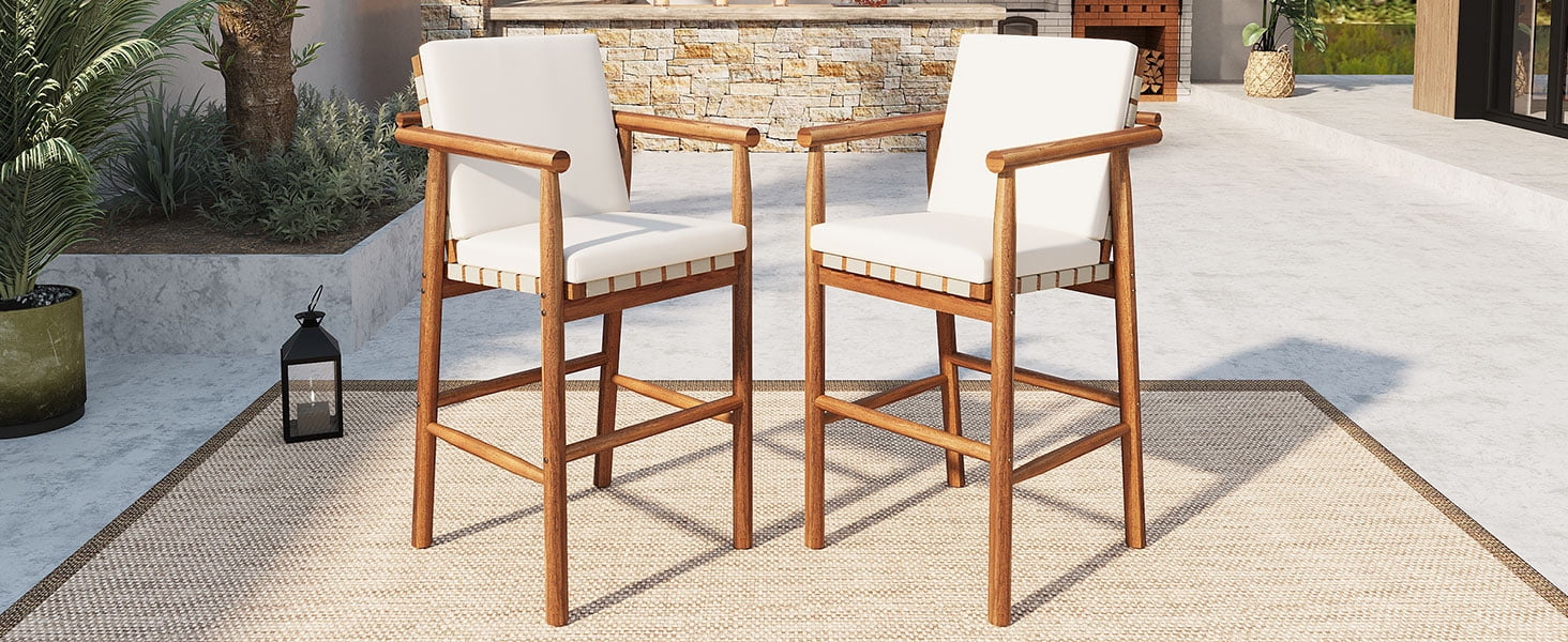 Outdoor Bar Stools Set of 2, Counter Height Acacia Wood Seats for Patio Pool, Beige
