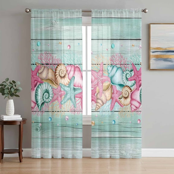 Sheer Curtains 96 Inches Long 2 Panels Set for Living Room, Pink Starfish Ocean Semi Sheer Curtains for Windows, Coastal Conch Green Wood Plank Farm Voile Window Treatments Rod Pocket Curtain