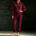 thumbnail image 6 of Szluipve 2 Piece Sets for Women Velvet 2 Piece Outfits Collared Half‑Button Lantern Long Sleeve Top Elastic Cuff Jogger Pants Set Casual Loose Matching Loungewear Suit With Pockets Wine S, 6 of 6