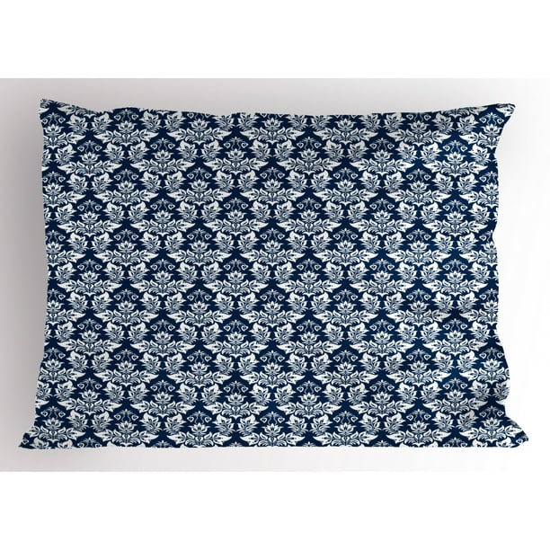 Damask Pillow Sham Antique Floral Ornament with Baroque Style Curls