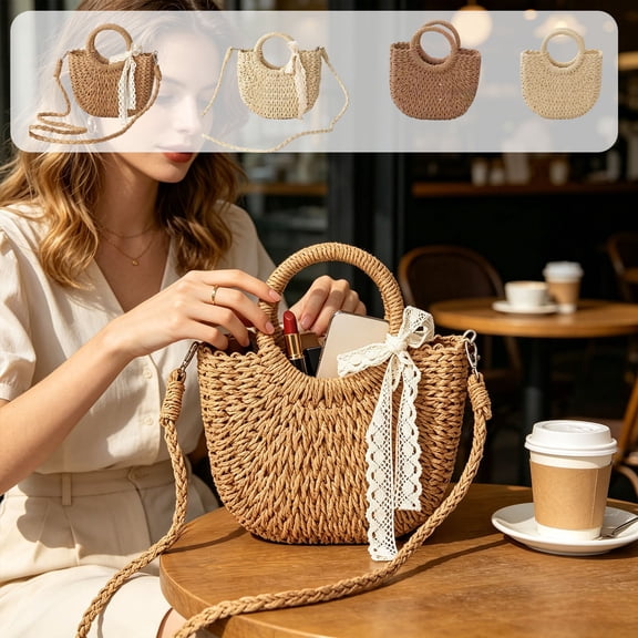 Beautynvta Boho Straw Crossbody Tote Bag, Woven Handbag with Round Handles, Lightweight Summer Beach Shoulder Bag for Casual and Travel