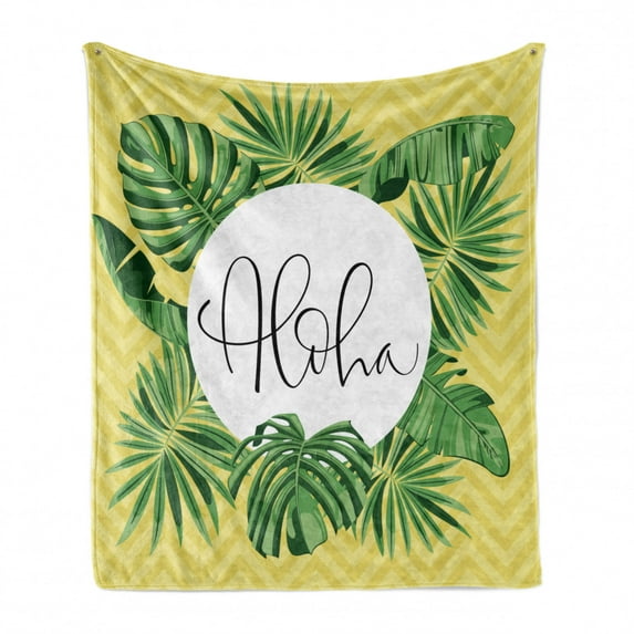 Aloha Soft Flannel Fleece Throw Blanket, Pencil Drawing with Leaves on Zigzag Pattern, Cozy Plush for Indoor and Outdoor Use, 60" x 80", Fern Green Pastel Yellow, by Ambesonne