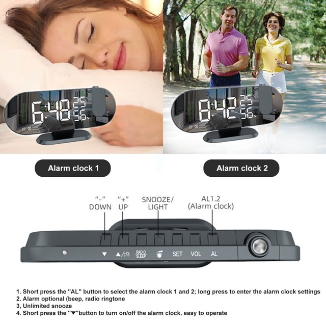 YAOMOBB Desktop Digital Clock Electronic Projection Clock Large Screen Snooze Function FM Radio Temperature Humidity Display