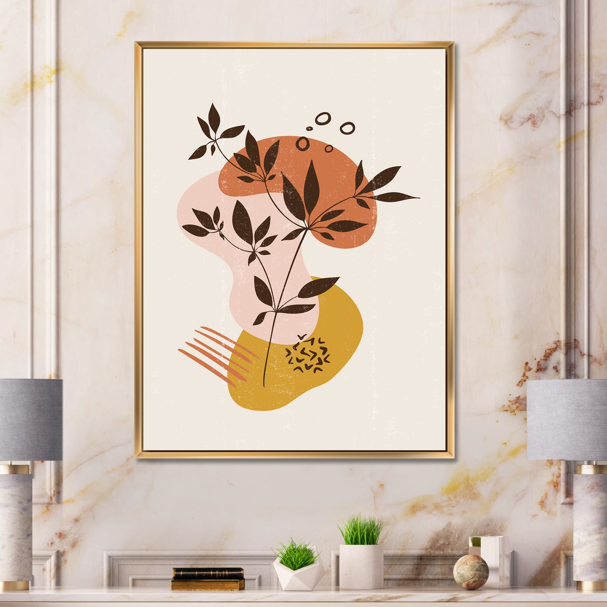 Designart 'Minimalist Shapes With Ancient Plant II' Modern Framed Canvas Wall Art Print