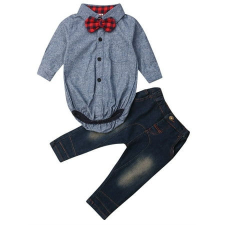 

Inevnen Toddler Baby Boy Gentleman Outfits Suits Bow Tie Romper Bodysuit Denim Jeans