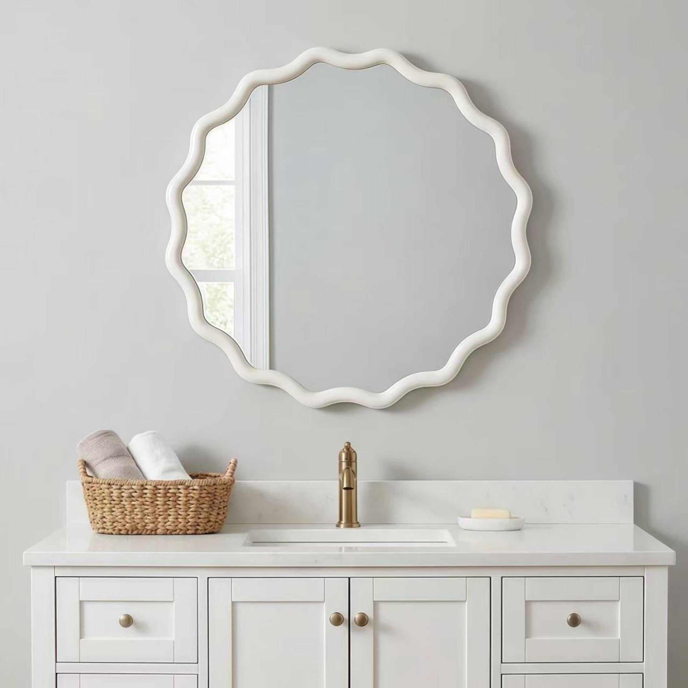 Noble House 24 Inch Wavy Round Wall Mirror, Solid Wood Decorative Vanity Mirror, White