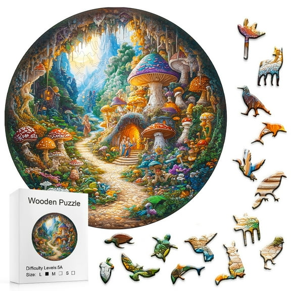 Adult Wooden Jigsaw Puzzles | Colorful Mushroom Forest 3D Visual Irregular Wooden Puzzle, Unique Shape Wall Art Decor, Perfect Gift for Friends