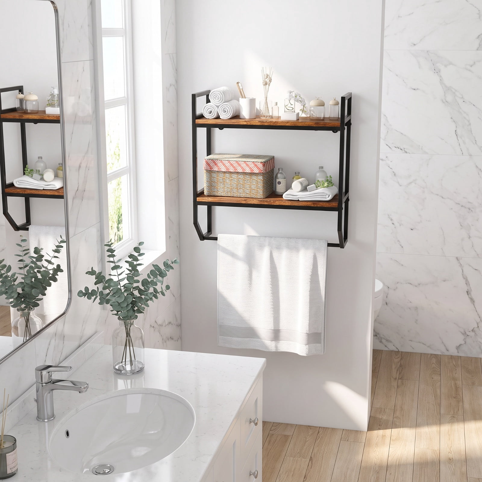Vebreda Over-the-Toilet Storage Shelf with Metal Frame & Towel Bar, 2-Tier Wall-Anchored Bathroom Space Saver Organizer Rack Above Toilet, Gray