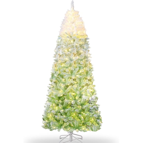 Ourlova 7.5 ft Snow Flocked Pencil Christmas Tree Slim Artificial Christmas Tree with Sturdy Metal Stand Skinny Xmas Tree Holiday Decoration for Home Office Green Gradient