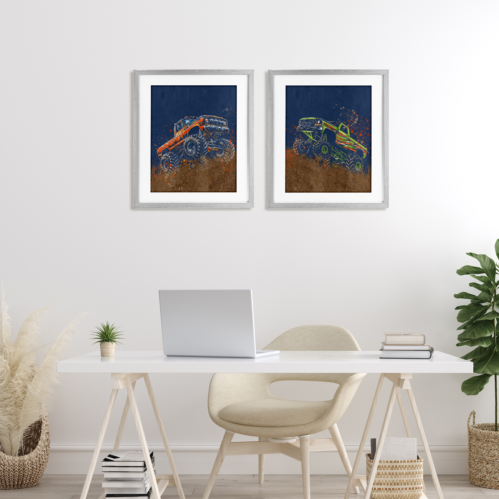 Monster Truck Jam 2 Piece Gray Framed Print Under Glass Set, design by Kim Allen