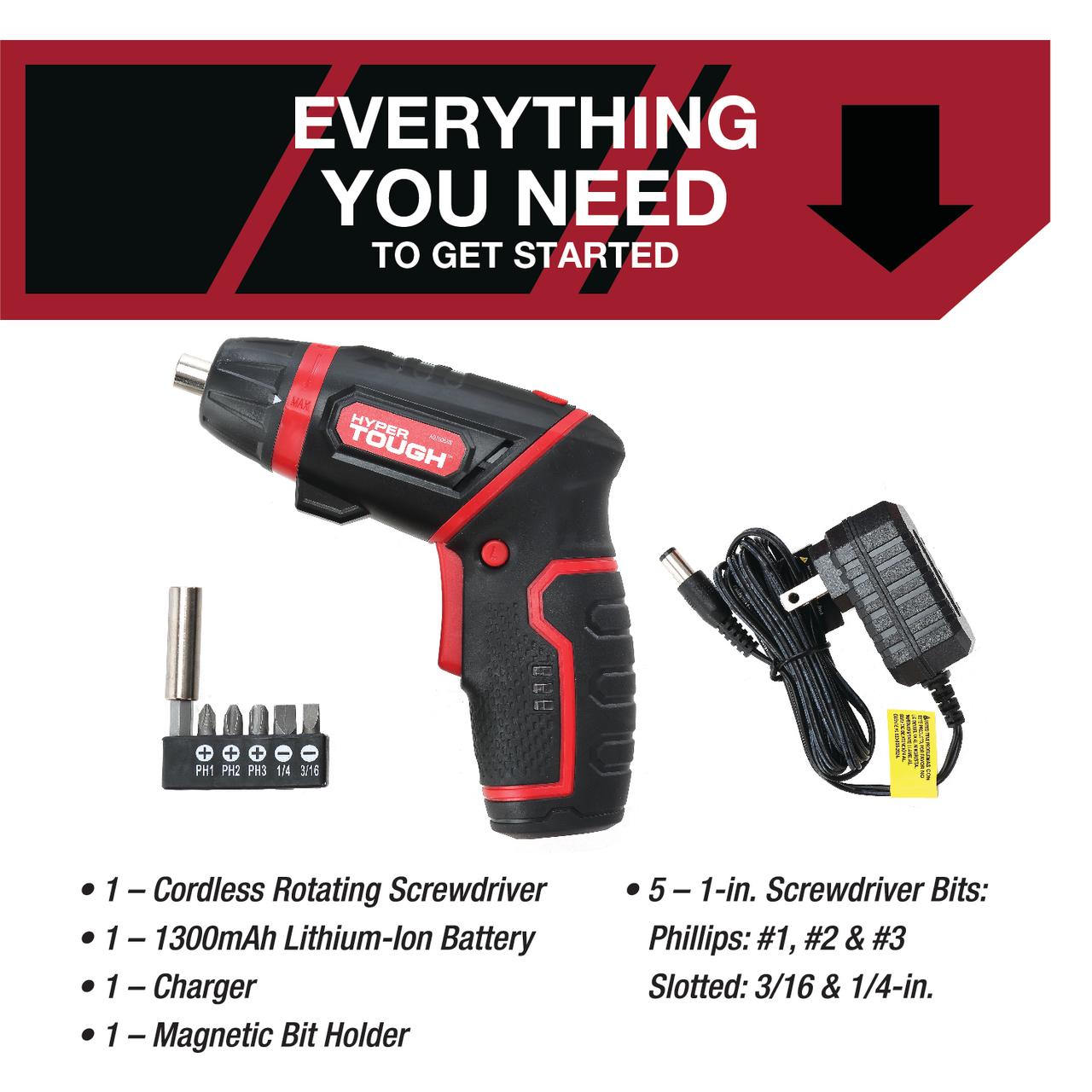 Hyper Tough 4V Max Lithium-Ion Cordless Rotating Power Screwdriver 1/4 inch Size with Charger, Rotating Handle, LED Light, Magnetic Bit Holder & Bits - image 2 of 18