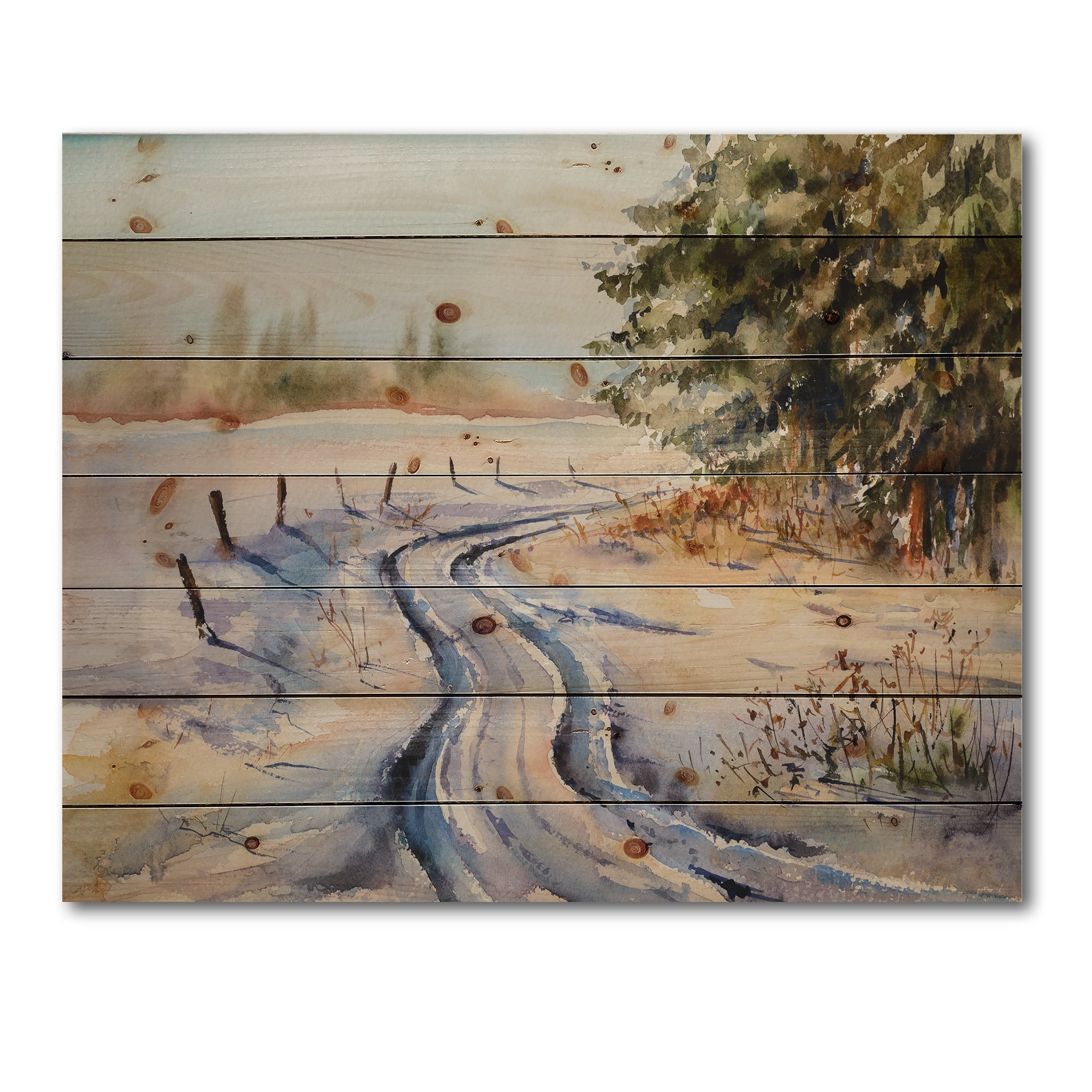 Designart 'Snowy Winter Forest Landscape Rural Road In Snow' Traditional Print on Natural Pine Wood