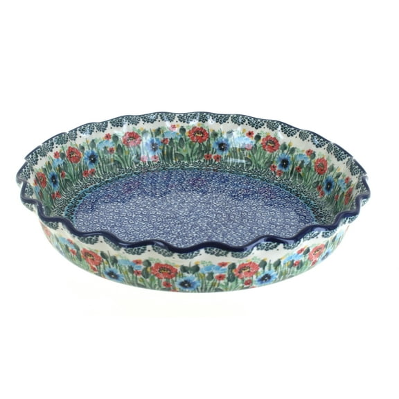 Blue Rose Polish Pottery Watercolor Garden Pie Plate