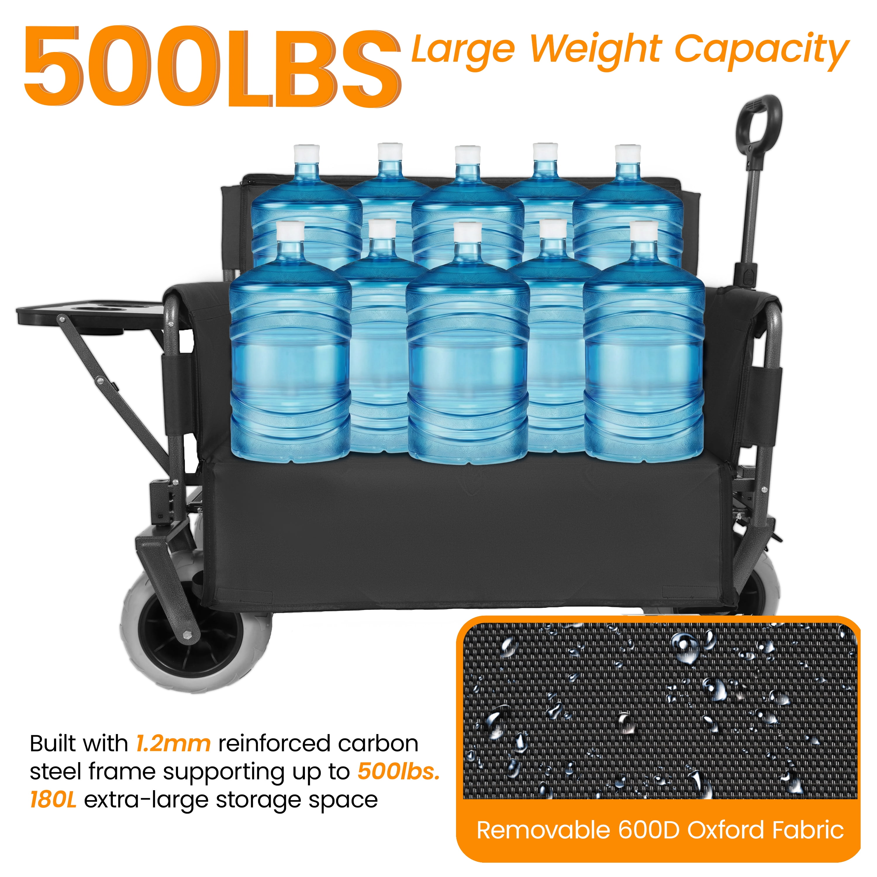 3-in-1 Collapsible Folding Wagon Cart Black, Convertible Bench with Rear Folding Tabletop and Cup Holders, 360°Swivel All-Terrain Wheels for Camping, Beach, Garden, Fishing