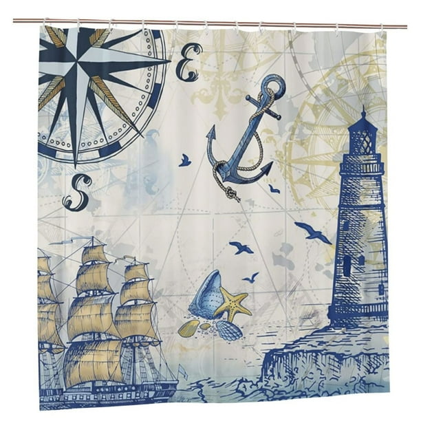 Nautical Shower Curtain, 3D Ocean Sailboat Lighthouse Anchor Shower
