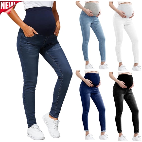 Tqyyweavej Maternity Skinny Jeans for Women Over The Belly Washed Pants with Pockets Solid Color Roll Hem Denim Pants Size S to 2XL