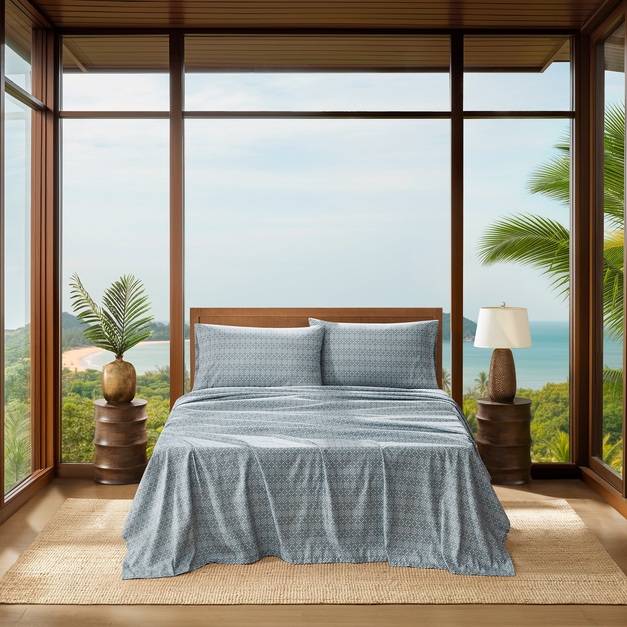 Coastal Living 4-Piece Green Print Soft Brushed Microfiber Luxury Cooling Sheet Set, Queen