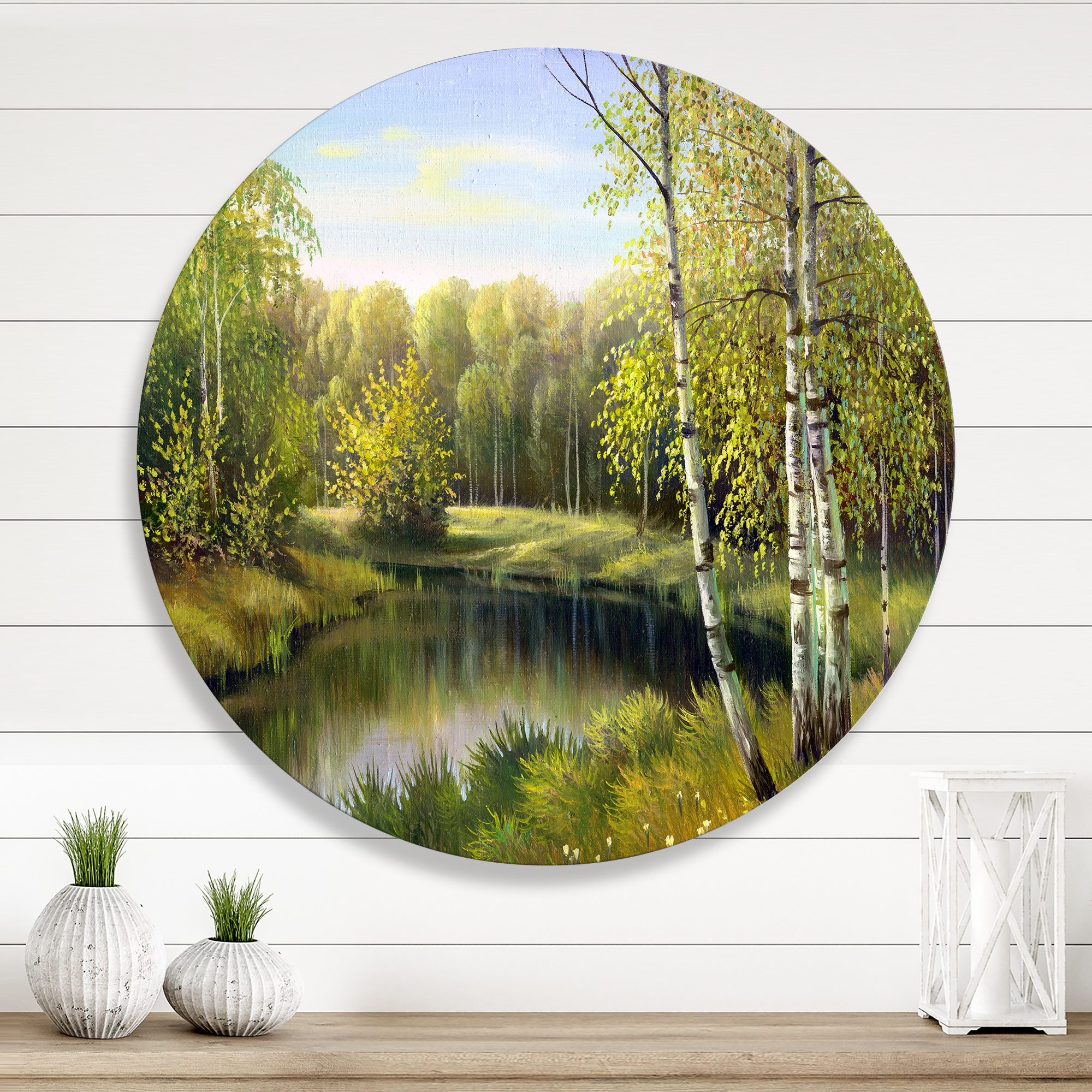 Designart 'The River In Silent Green Nature Through Birches' Traditional Circle Metal Wall Art 11x11 - Disc of 11