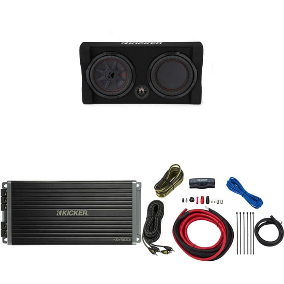 Kicker Comp RT 10 Inch 48TRTP102 Thin Down Firing Enclosure Package with 47KEY5001 & Amp install kit Bundle