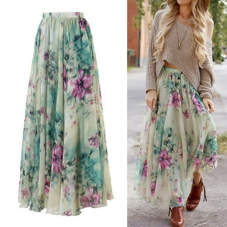 Long Maxi Skirts For Women The Noble Collection Women Chiffon Floral High Waist Maxi Dress Skater Flared Pleated Long Skirt ()
