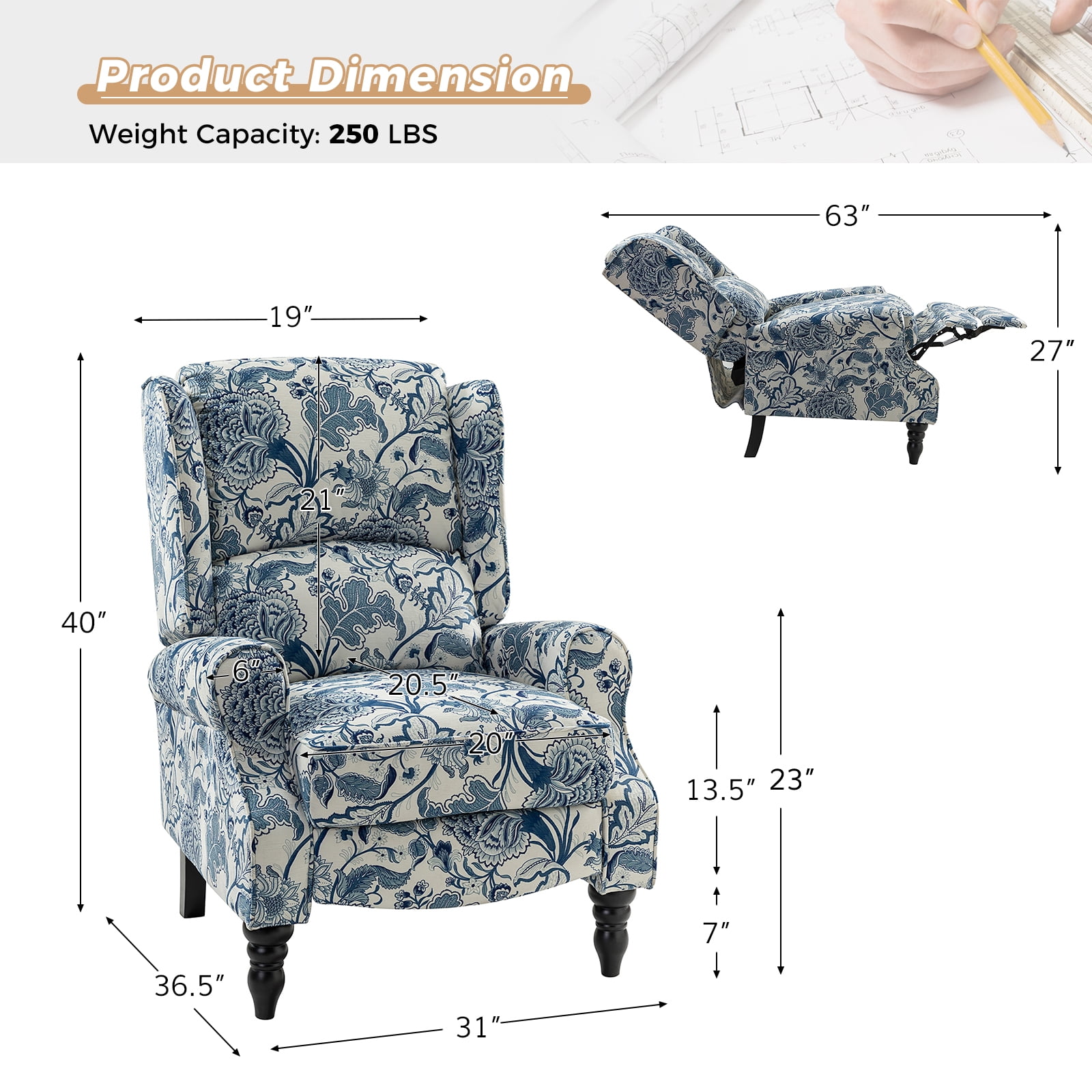 Push Back Recliner Chair, Tina's Home Wingback Wood Legs Armchair Living Room Home Theater Floral