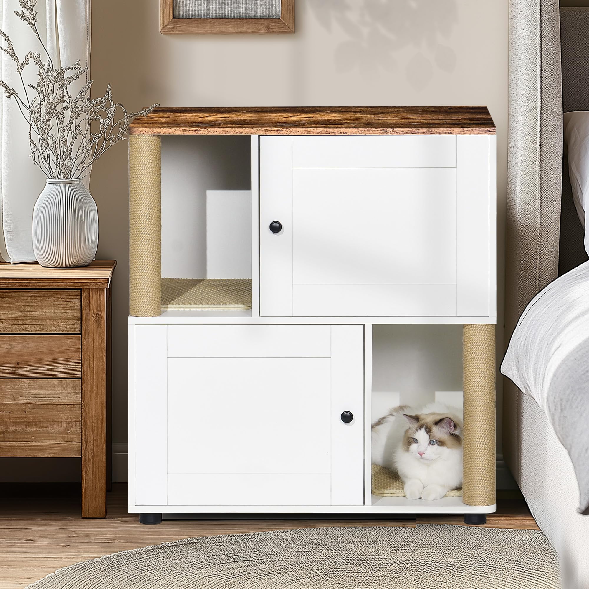 Huisuilinss Cat Litter Box Enclosure For 2 Cats,Double Layer Hidden Litter Box Furniture,2 Story Wood Cat Washroom Or Bed With Cat Scratching Post And Board,Pet House End Table For Living Room