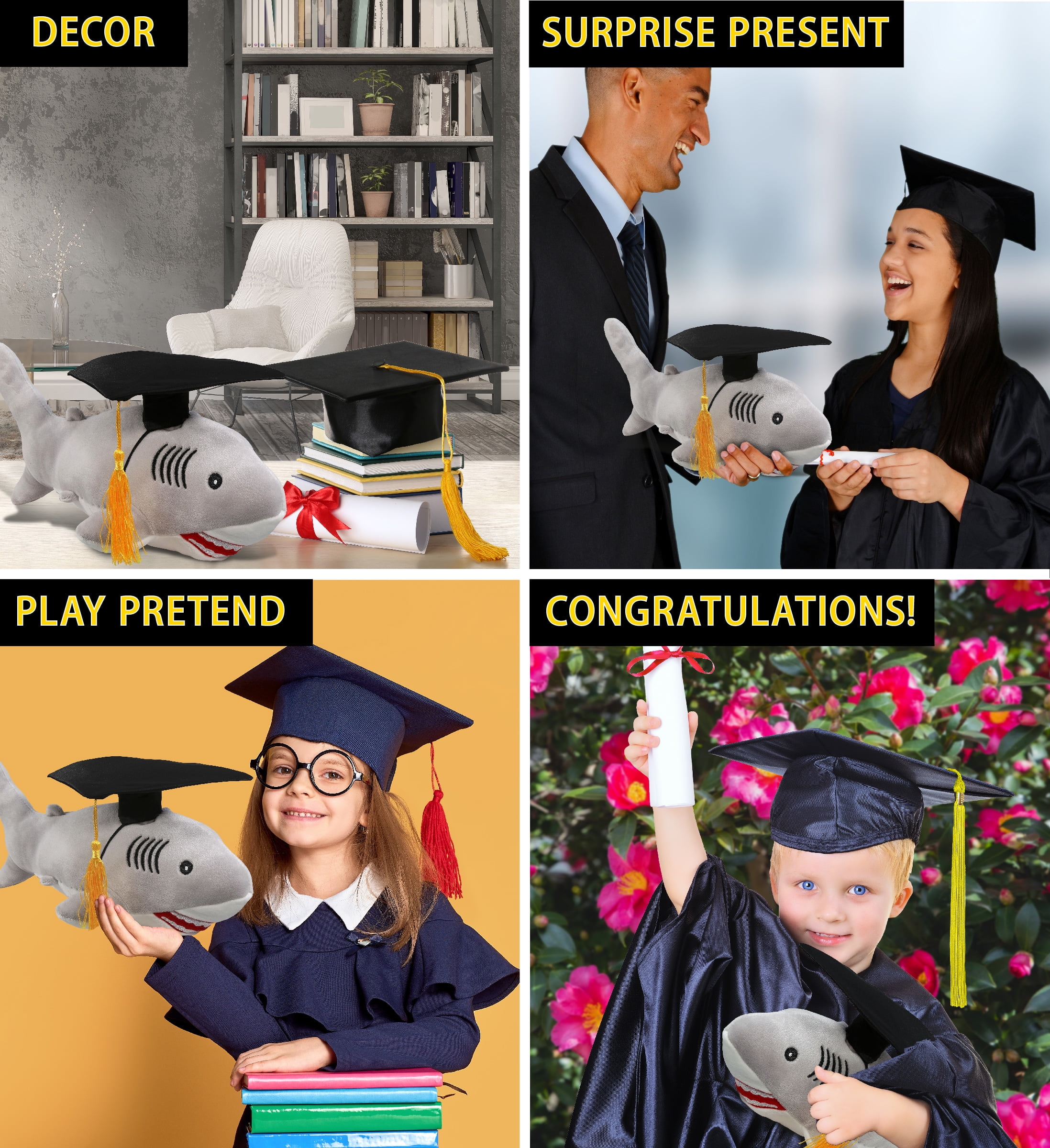DolliBu Gray Shark Graduation Plush Toy - Baby Soft Plush Graduation Stuffed Animal Dress Up with Graduation Cap with Tassel Outfit - Congratulatory Graduation Gift - 12 Inches