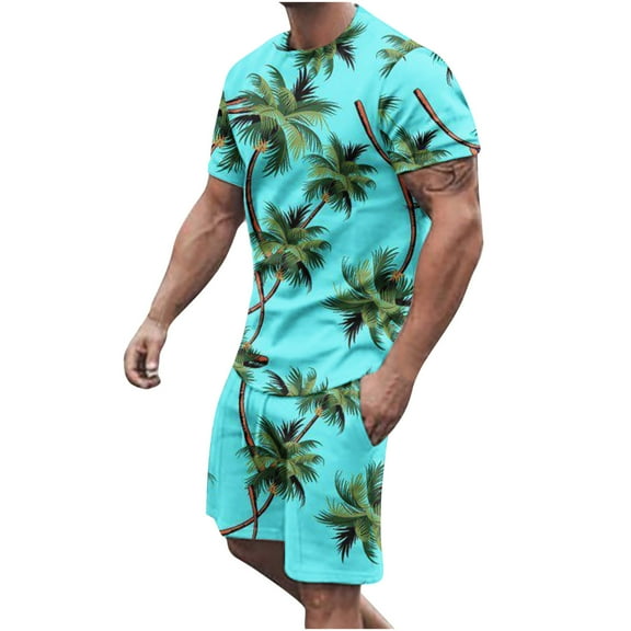 Pejock Men's Hawaiian Matching Set Summer Beach 2 Piece Outfits Flower T-Shirts and Shorts M-5XL