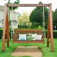 thumbnail image 4 of Gymax 2-Seat Patio Hanging Wooden Porch Swing Bench w/ Cushion & Hanging Ropes, 4 of 10