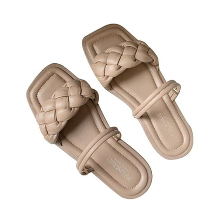 

Women\ s Sandals Knitted Braid Style Open Toes Slip on Shoes Square Toe Casual