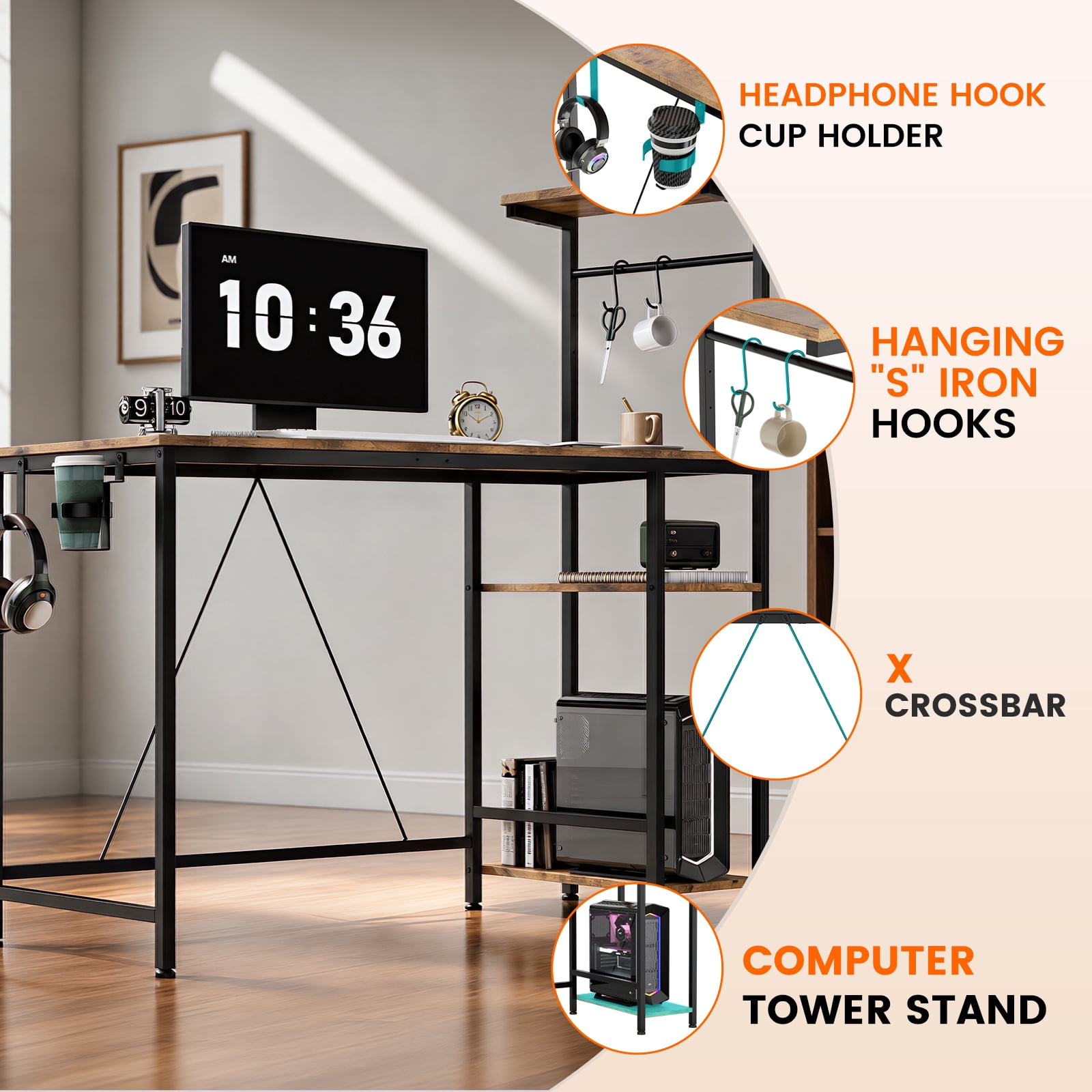 CLOUDREST PRO 44-Inch Computer Desk with LED Lights and 4-Tier Storage Shelves, Rustic Brown