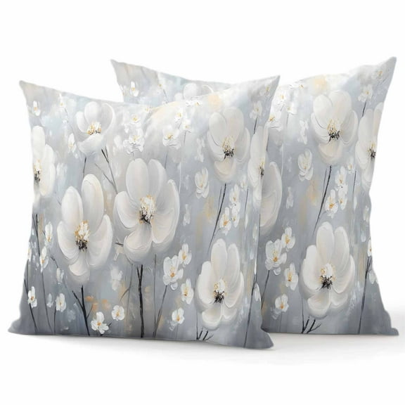 Throw Pillow Covers 16x16 Inch Set of 2 White Flowers Leaf Decorative Pillow Covers Plant Oil Painting Cushion Cover Pillowcase for Sofa Couch Bed Home Decor