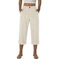 thumbnail image 4 of Iyufng Women Elastic Waist Wide Leg Capri Pants Pleated Cuffed Hem Casual Cropped Pants with Pockets, 4 of 5