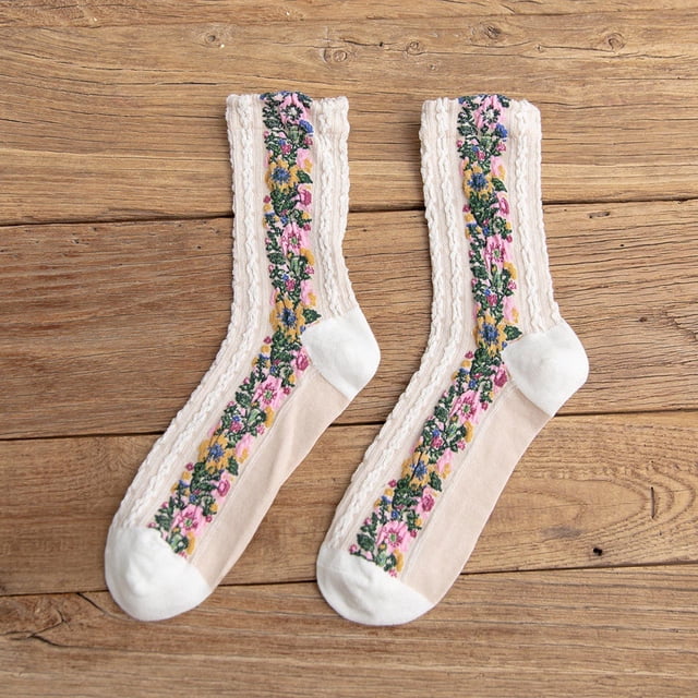 Bas Mi-Mollet pour Femmes, Printemps, Tricotés en Coton, Style Rétro Ethnique, à Motif Floral, Bas en Coton, Bas de compression, Blanc