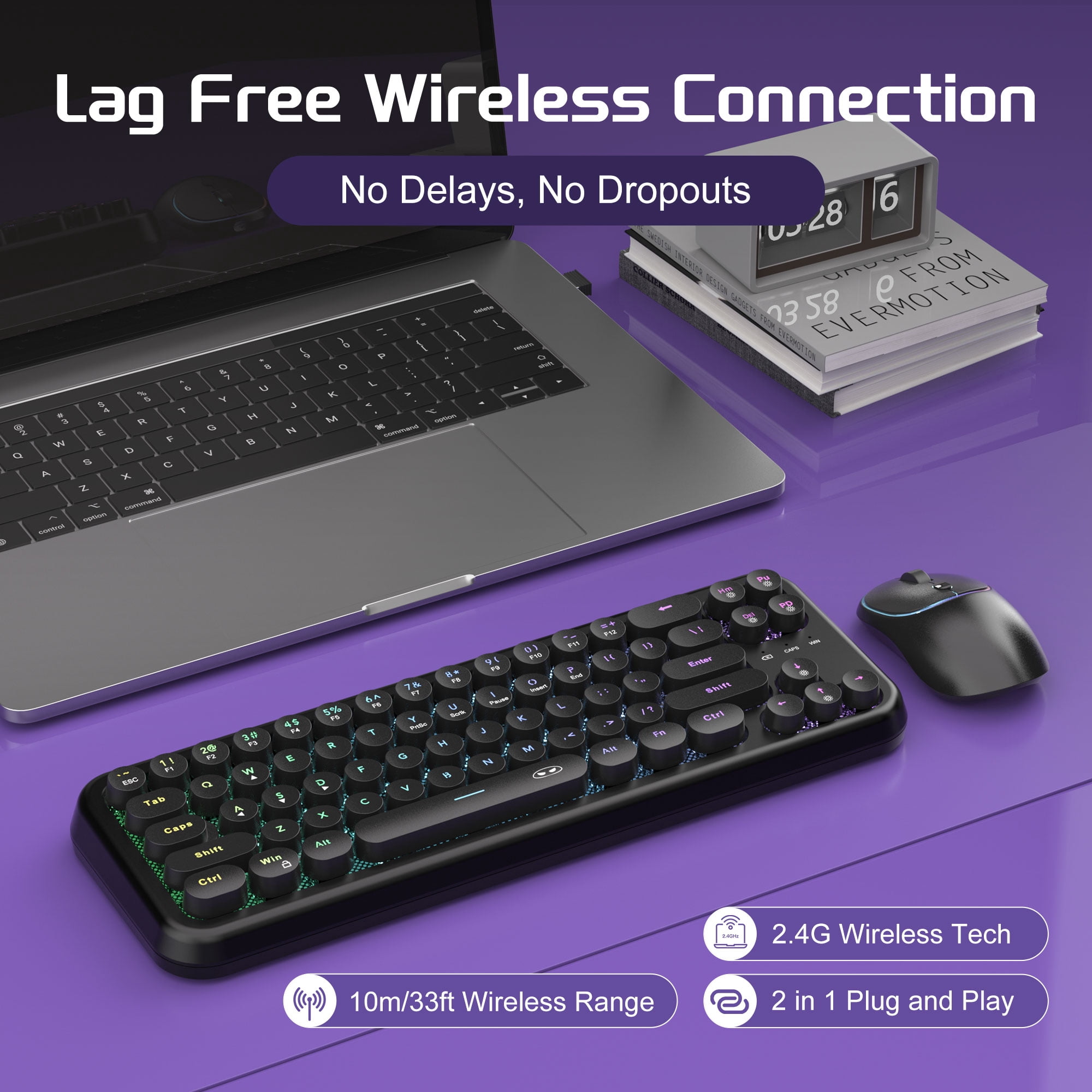 60% Retro Typewriter Round Wireless Keyboard and Mouse,2.4G RGB Backlit Keycaps Compact 68 Keys Keyboard Quiet Light Up Letters with Mouse for Computer Mac Windows PC Laptop