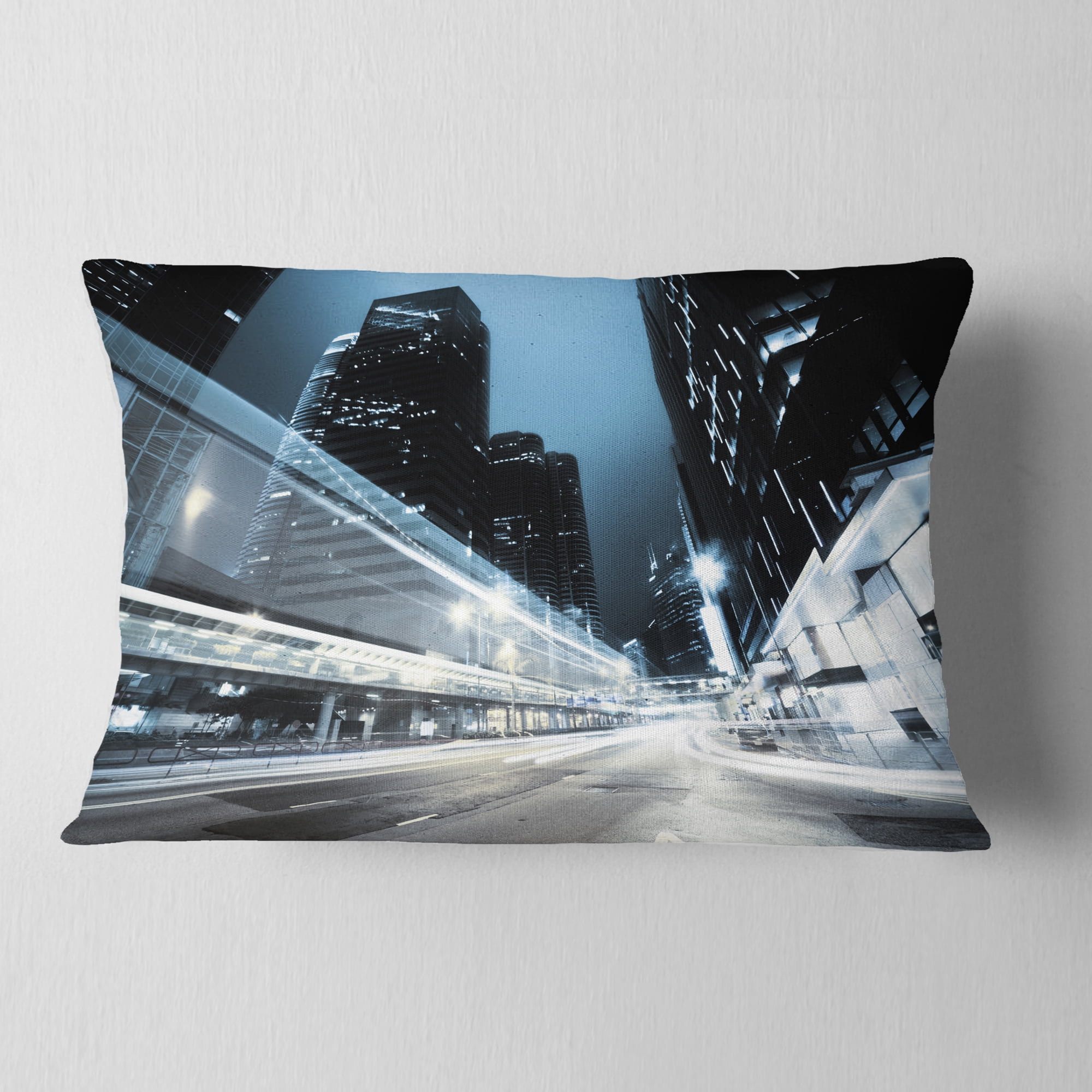 Designart Night Traffic in Hong Kong - Cityscape Throw Pillow - 12x20