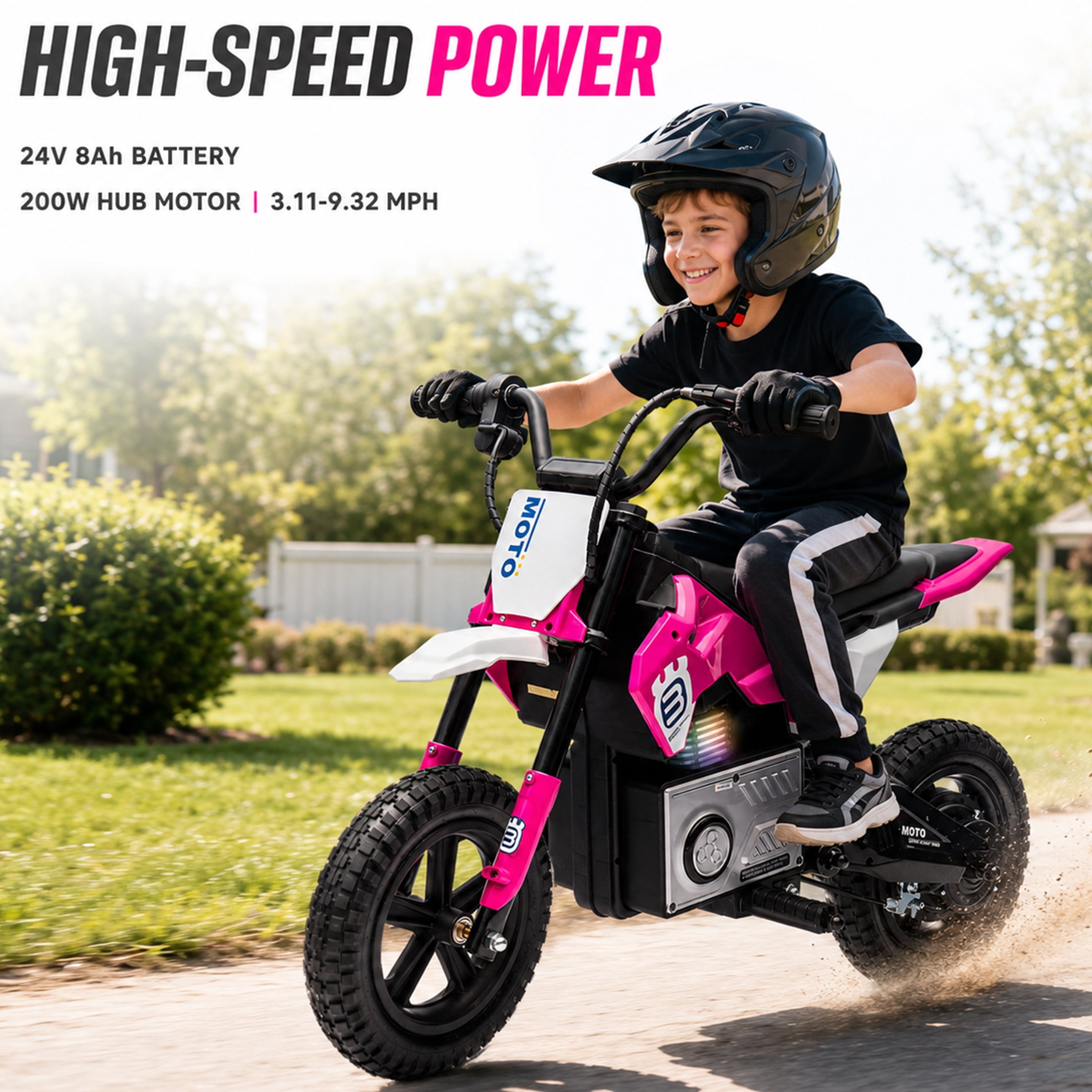 24V Kids Electric Motocross Motorcycle with Bluetooth Music - 200W Power, Rear Shock Absorber, LED Breathing Lights, Adjustable Speed up to 9.32 MPH - Powered Ride On Toy for Boys Girls Ages 5-15