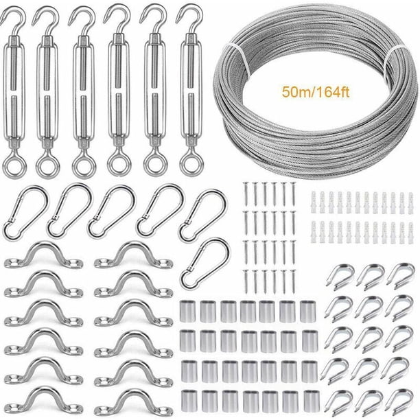 50M/2mm Stainless Steel Cable Kit with M5 Tensioner Hook - Compatible with Railings, Clotheslines, Suspension - 50m Length, 2mm Diameter