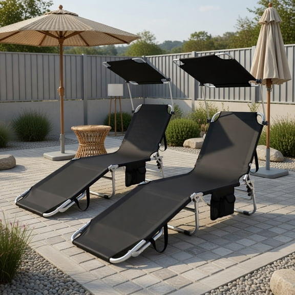 GVN Chaise Lounge Outdoor, Lounge Chair Outdoor,Set of 2 Portable Reclining Chair with 5 Adjustable Positions-Black