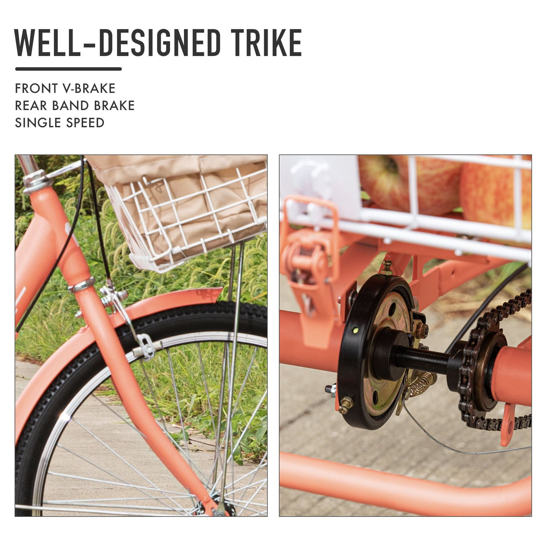 Viribus 26Inch Single Speed Adult Tricycle 3 Wheel Cruiser Bike w Removable Wheeled Basket, Dustproof Bag for Cycling Shopping Picnic Pink Sansujyuku sansujyuku.com