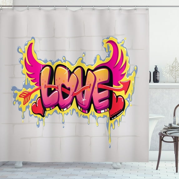 Urban Graffiti Shower Curtain, Arrow Pierced Love Word as Bubble Letters with Wings on Drippy Painting, Fabric Bathroom Set with Hooks, 69W X 75L Inches Long, Multicolor, by Ambesonne