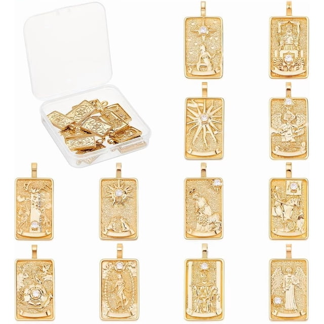 Caja de 12 amuletos de tarot, cartas del tarot, latón chapado en oro real de 18 quilates, micropavé de circonita cúbica, colgantes de rey, reina y sol.