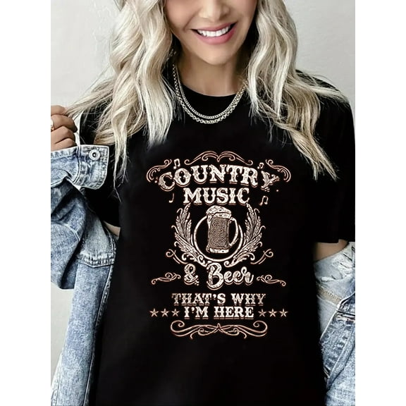 Crewneck Tshirt Country Music Print Short Sleeve Shirt for Women