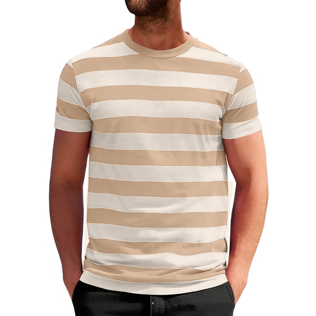 T-Shirt Décontracté à Rayures pour Hommes, Col Rond, Manches Courtes, Ajusté, Tissu Doux, Été, Plage et Rue, Kaki, TG