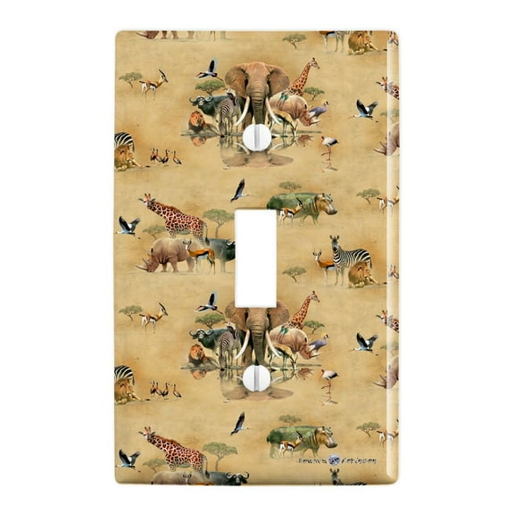 African Waterhole Animals Elephant Zebra Rhino Pattern Plastic Wall Decor Toggle Light Switch Plate Cover