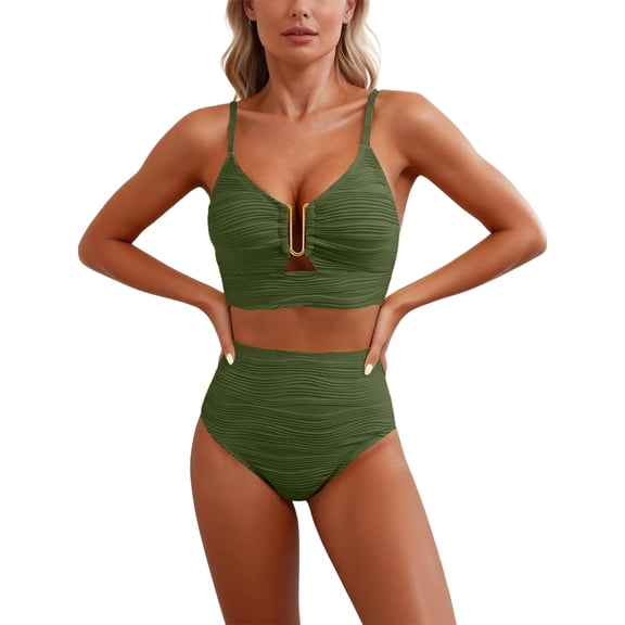 Minjewel Women's V-Neck Cutout High Waisted Bikini Two Piece Swimsuit,Textured Pleated Fabric with High Waist Bottoms,Sexy Beach Swimwear,Army Green,XL