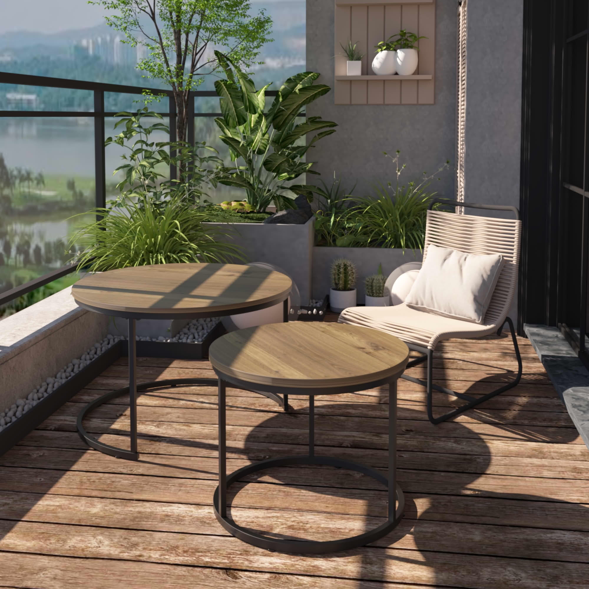 MAYEERTY 27.6" Nesting Coffee Table Set of 2, Round Wood Marble Top & Sturdy Metal Frame for Balcony Yard, Brown